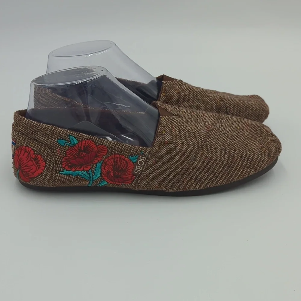 Skechers Bobs Women's Floral Embroidered Slip-On Shoes Flat Tweed 10 Brown Red